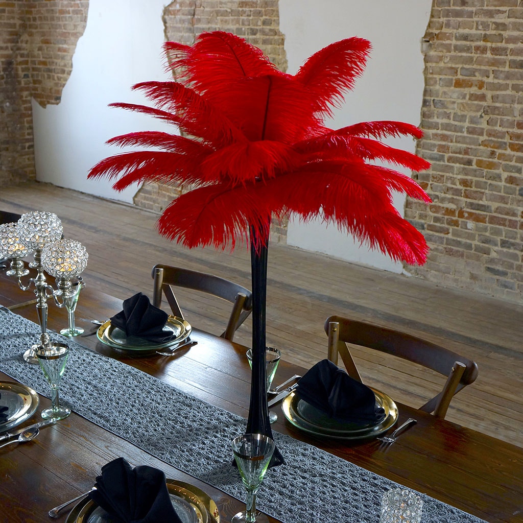 Zucker 24pcs 13-16 inch Ostrich Feather Centerpiece Set - 24 inch Eiffel Tower Vase Wedding Decorations Black and Red