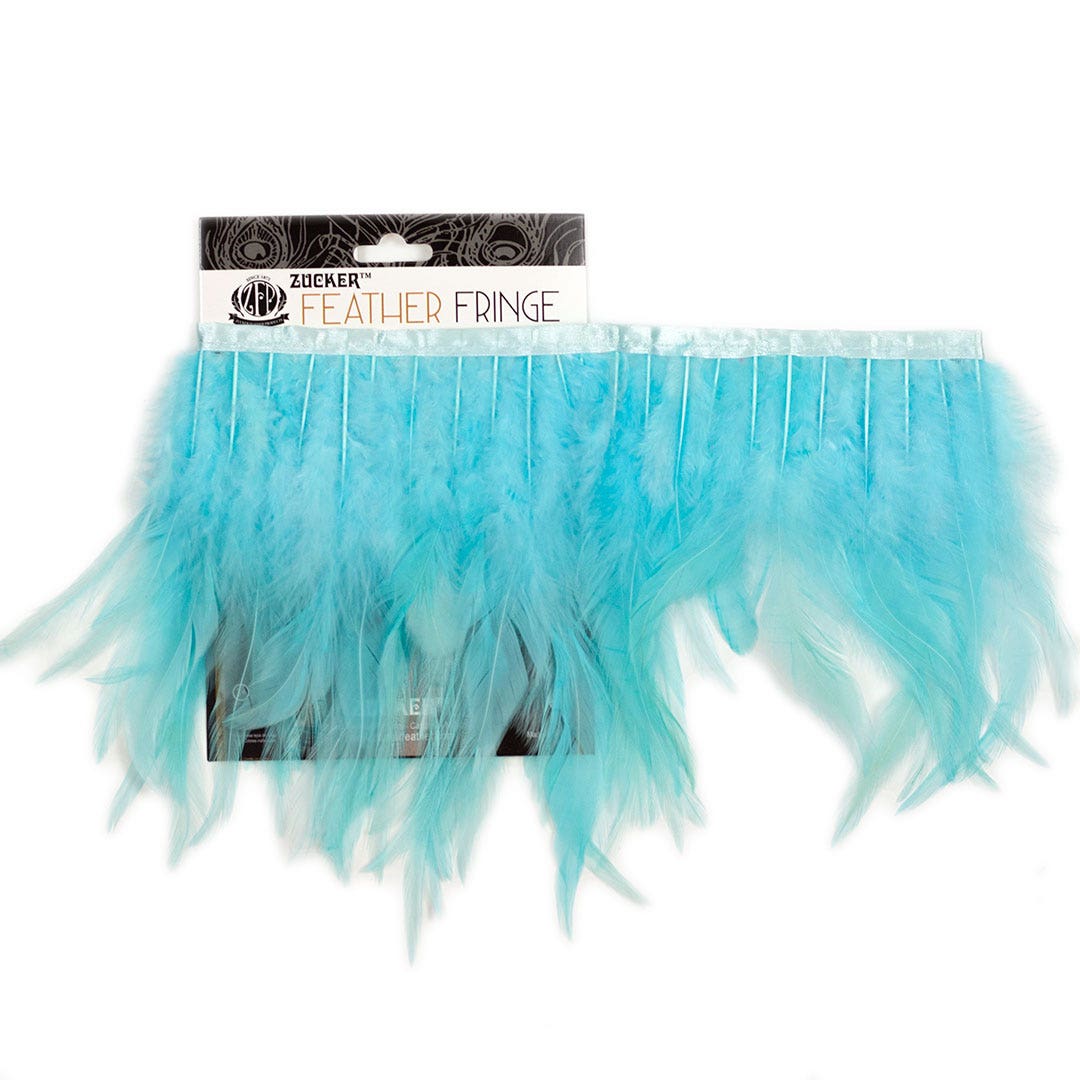 Rooster Saddle Fringe on Bias 6-8’’ x 1 YD-Light Turquoise - Feathers