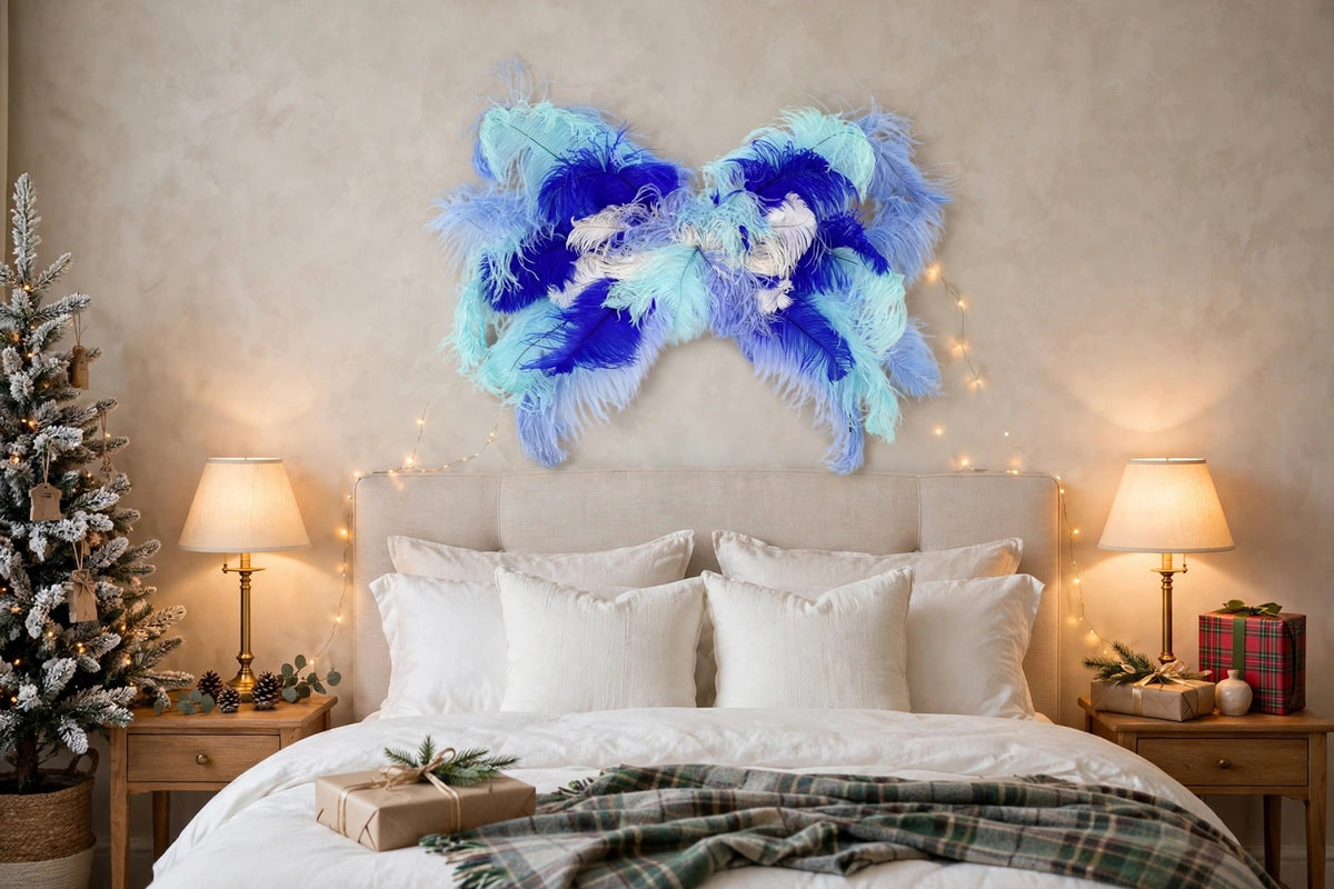 Small Bluebird Costume Wings hung on a wall in a holiday-decorated room