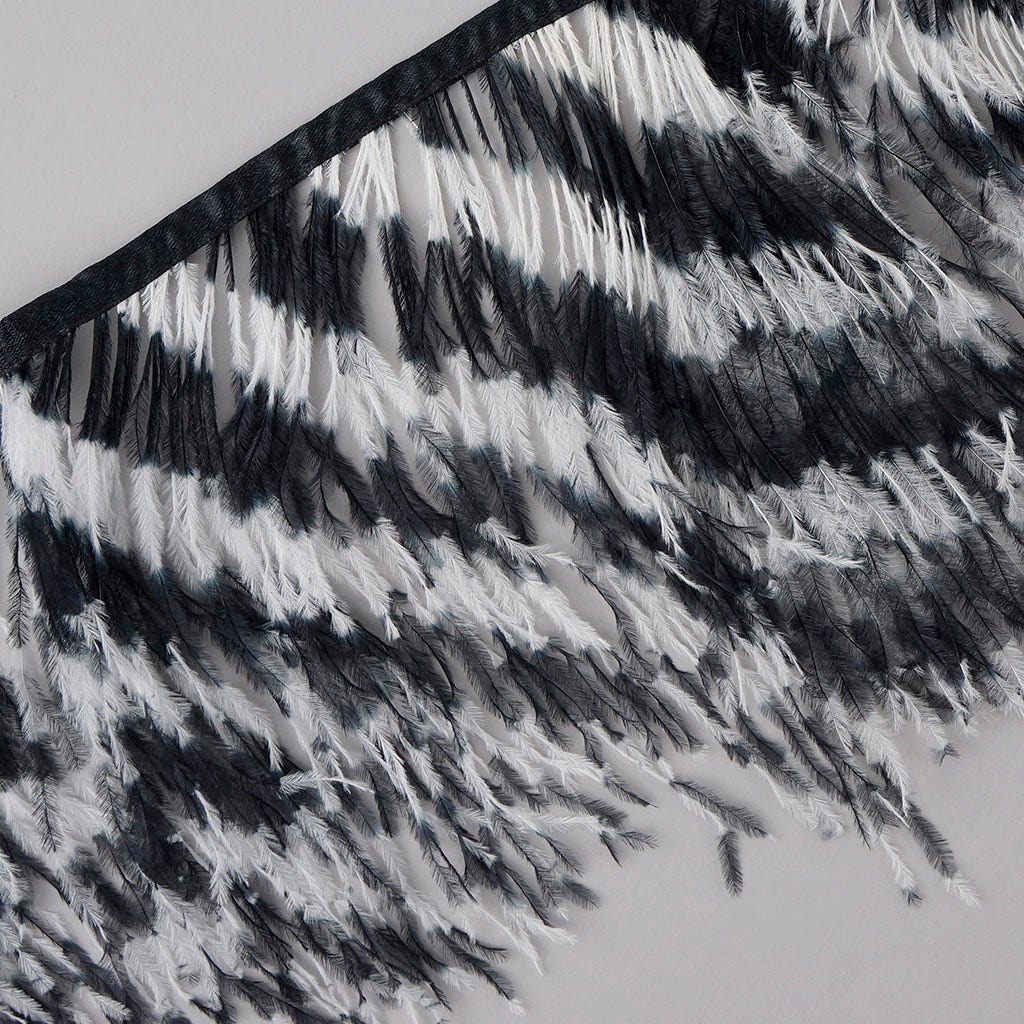 Stenciled Ostrich Fringe 1PLY - 1YD - White - Black - Feathers