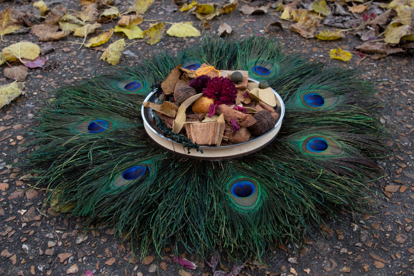 Table décor 8” Wood Ctr W/Peacock Flue and Eyes 18” Dia - Feathers