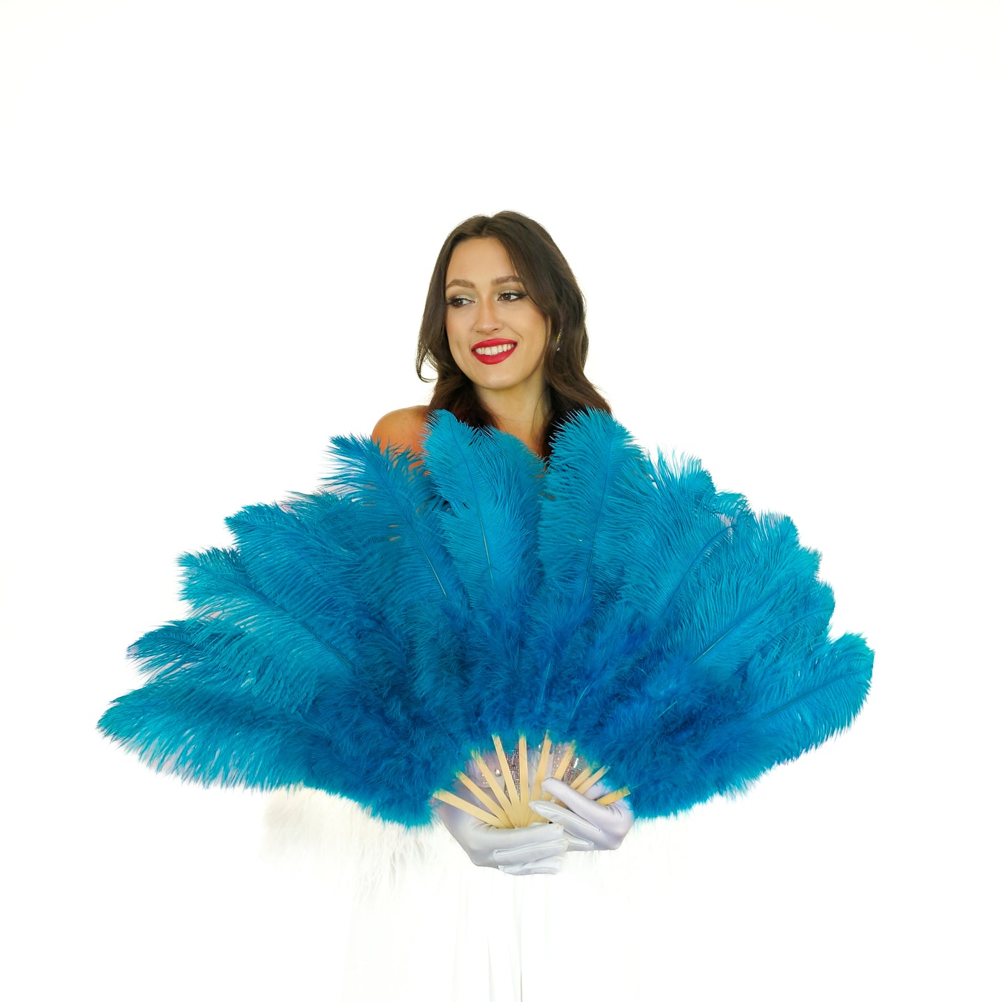 Dark Turquoise Ostrich Feather Fan - 20 x36"