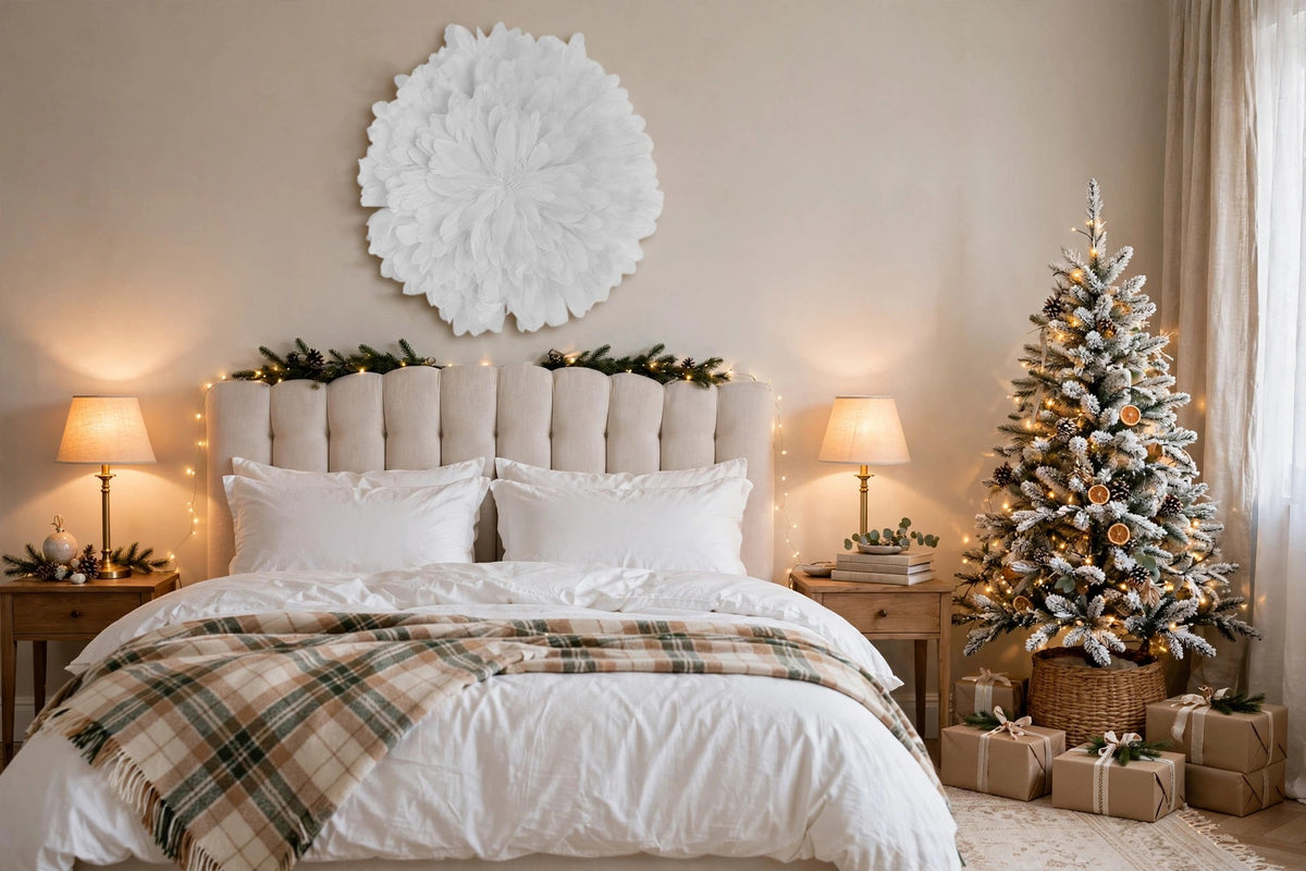 Unique Decorative Feather Wall Art Inspired by African JuJu Hats - White hung on a wall in a holiday-decorated room