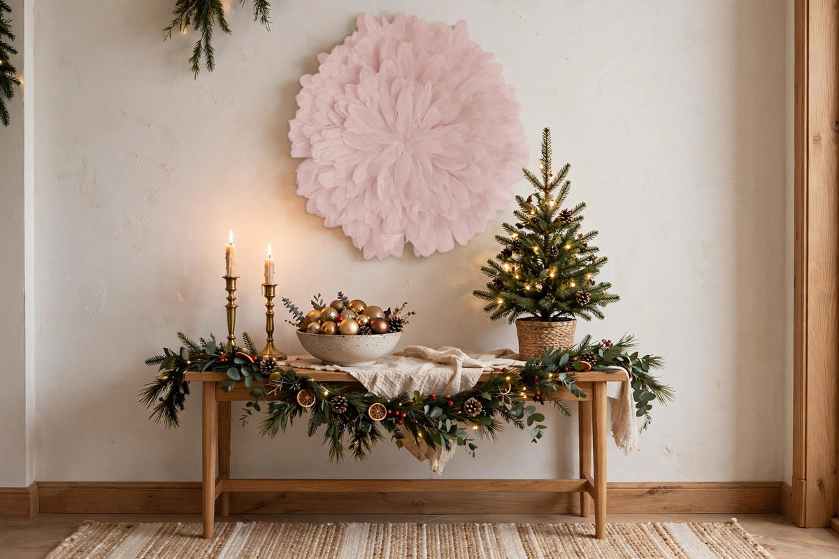 Unique Decorative Feather Wall Art Inspired by African JuJu Hats - Apricot Blush hung on a wall in a holiday-decorated room