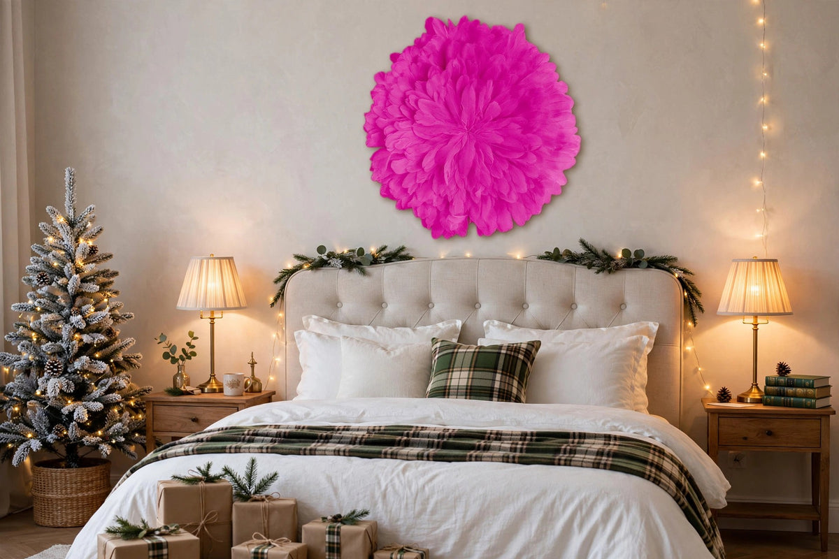 Unique Decorative Feather Wall Art Inspired by African JuJu Hats - Fluorescent Fuchsia hung on a wall in a holiday-decorated room