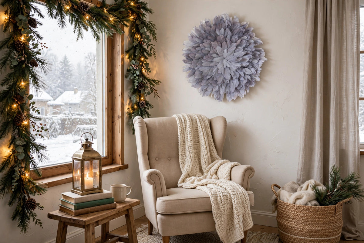 Unique Decorative Feather Wall Art Inspired by African JuJu Hats - Silver hung on a wall in a holiday-decorated room