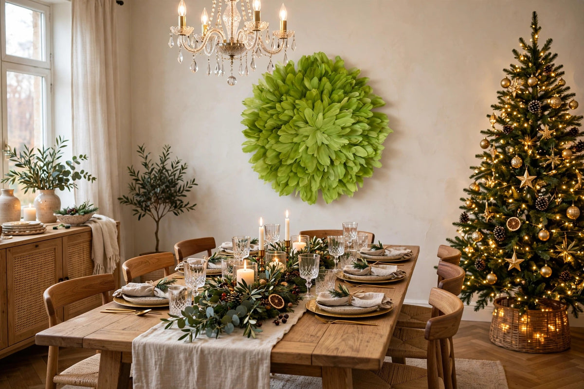 Unique Decorative Feather Wall Art Inspired by African JuJu Hats - Lime hung on a wall in a holiday-decorated room