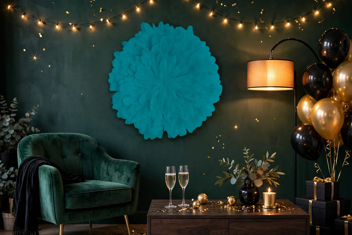 Unique Decorative Feather Wall Art Inspired by African JuJu Hats - Peacock Blue hung on a wall in a holiday-decorated room
