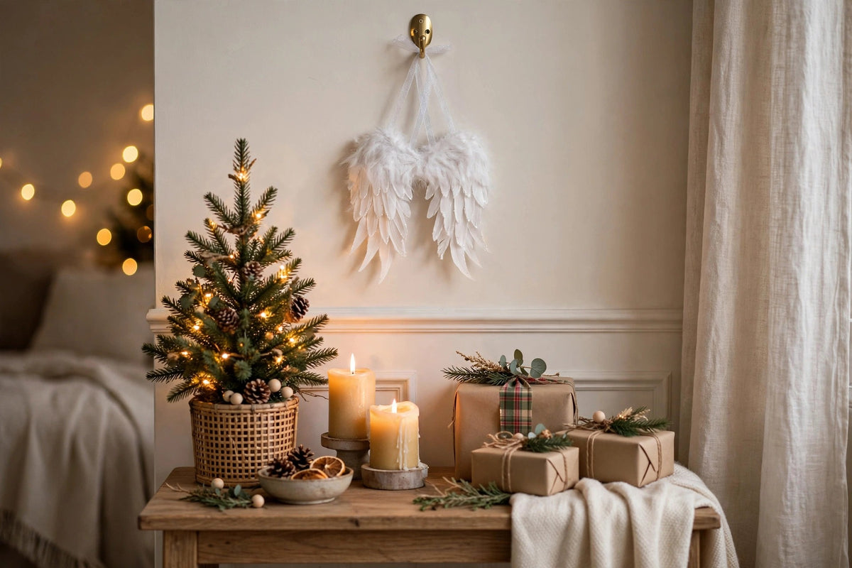 White Angel Wing Ornament hung on a wall in a holiday-decorated room