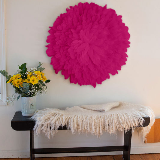 African JuJu Hat Feather Wall Art and Decor - Large - Fluorescent Fuchsia