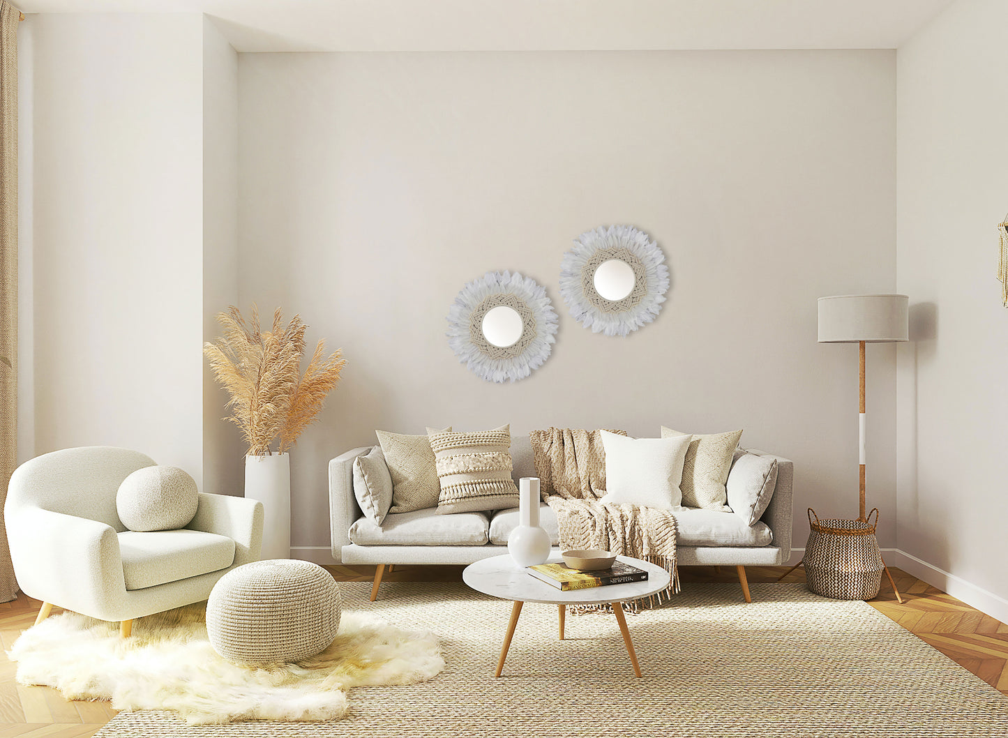 White Feather and Macramé Mirror