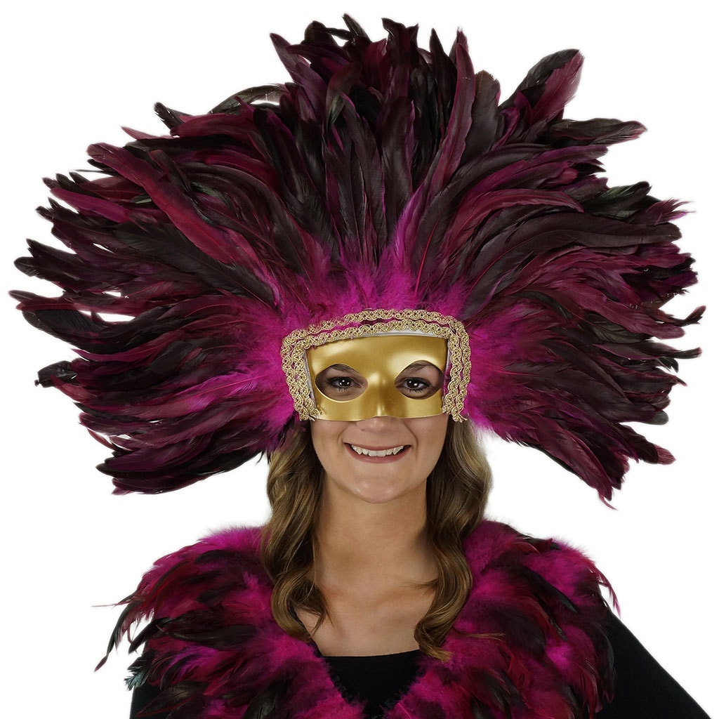 Feather Headdress Mask-Dyed - Shocking Pink