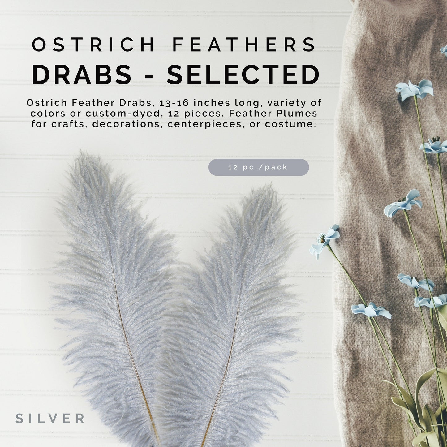 Ostrich Feathers 13-16" Drabs - Silver