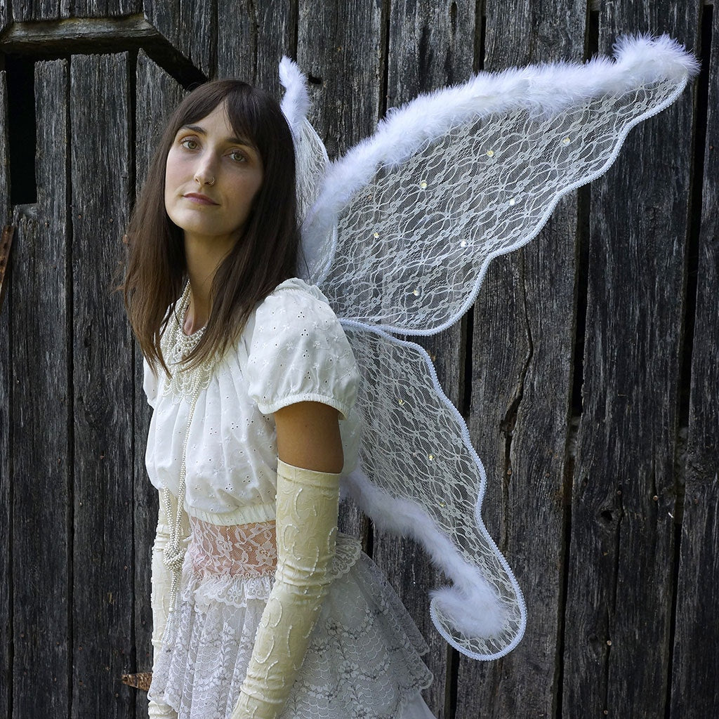 Adult White Angel Costume Wings - Large Fairy Butterfly Lace and Feather Wings, Sexy Halloween or Cosplay Accessories
