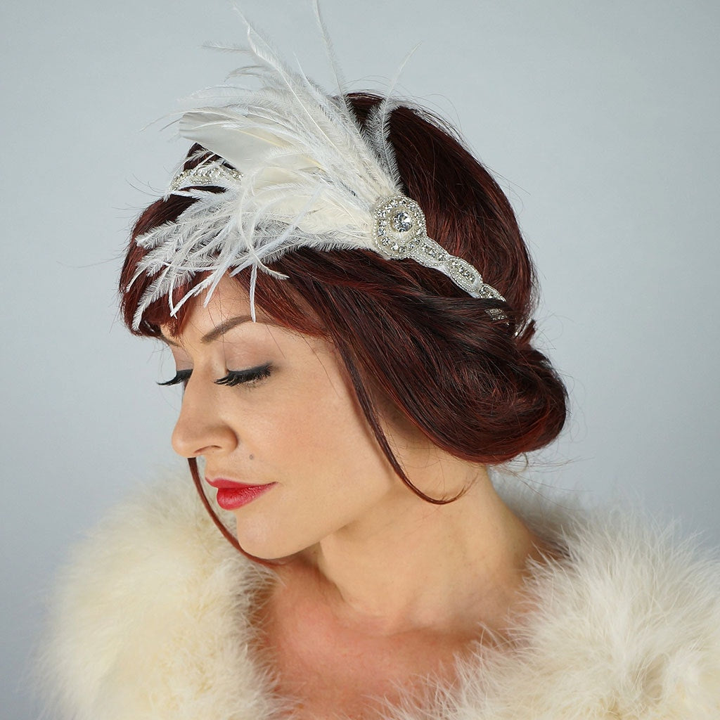 Elegant Feather Headband w/Rhinestone Accent - White and Ivory