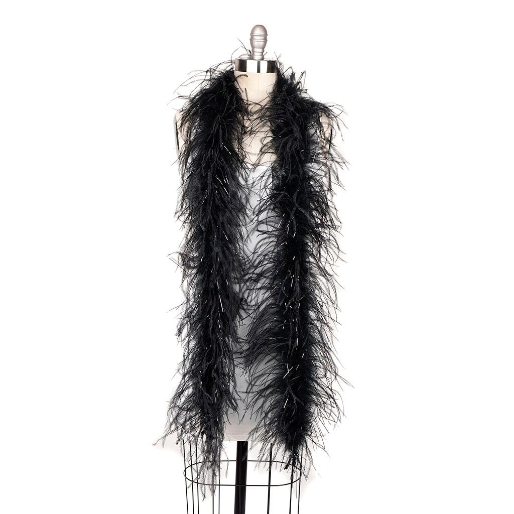 6 Ft. One-Ply Ostrich Feather Boas Solid Colors-Black/Black Lurex - Feathers