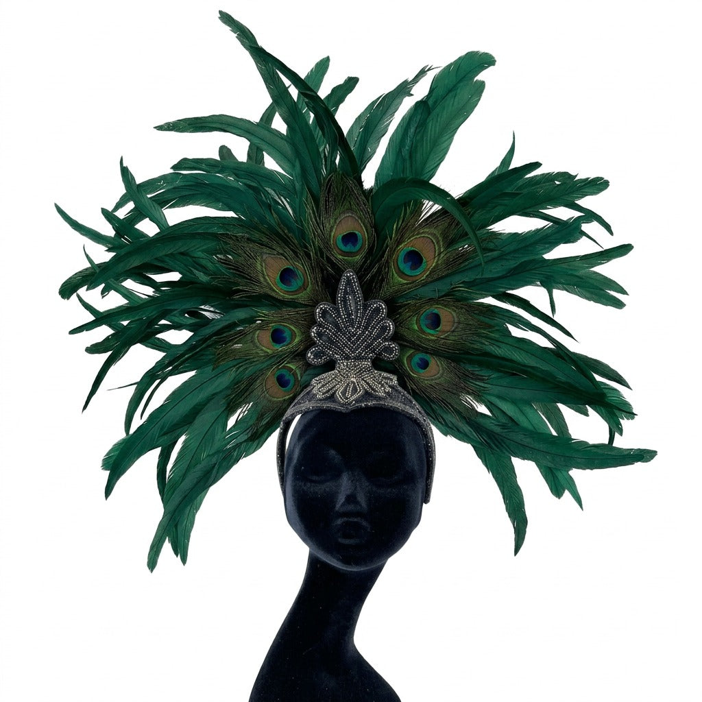 Zizi Kelly Coque and Natural Peacock Feather Showgirl Headpiece