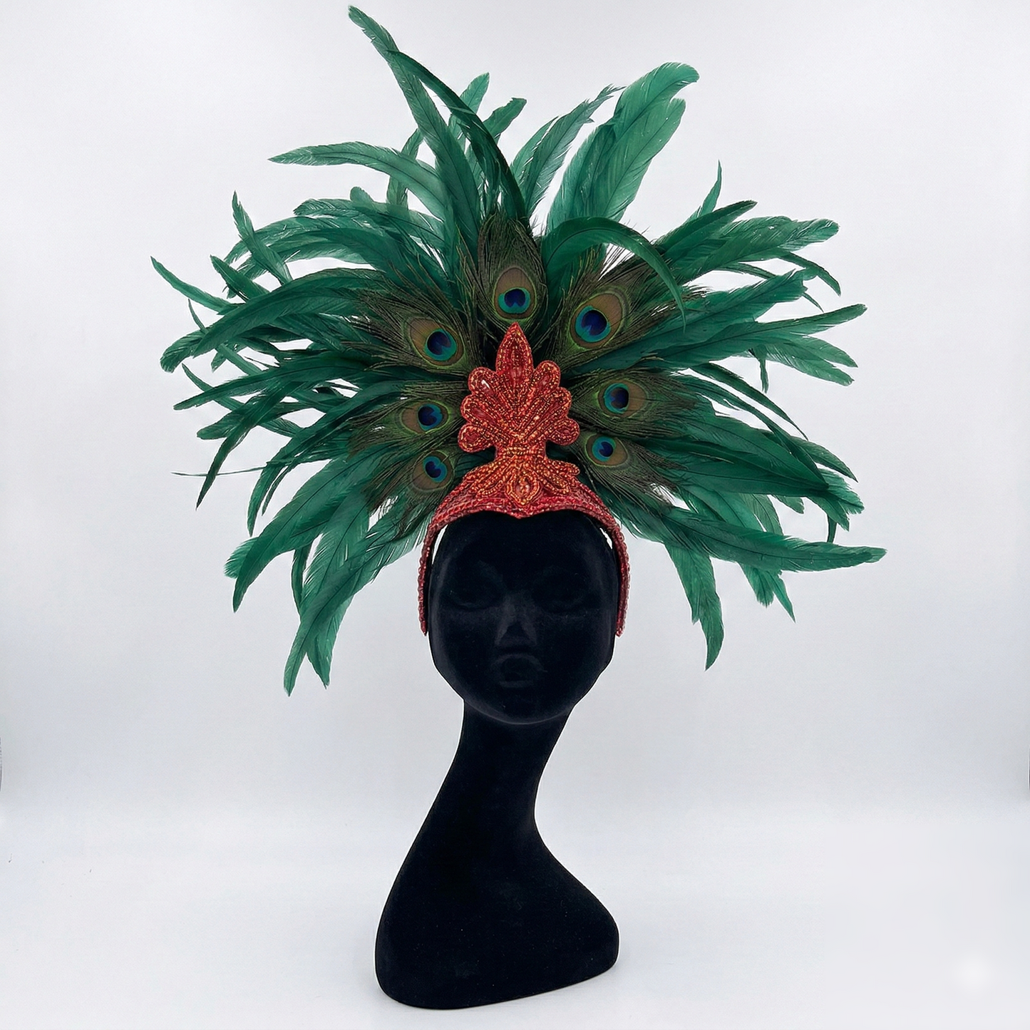 Zizi Kelly Coque and Natural Peacock Feather Showgirl Headpiece