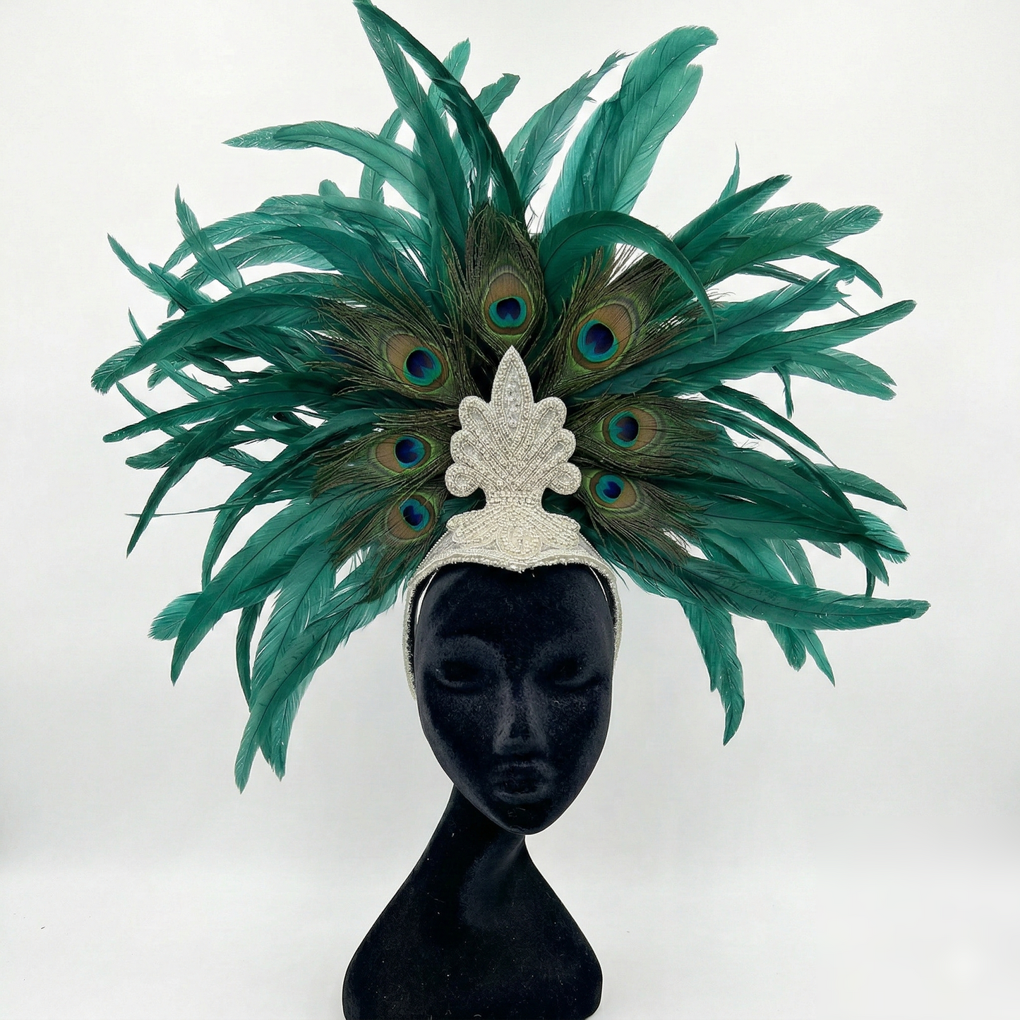 Zizi Kelly Coque and Natural Peacock Feather Showgirl Headpiece