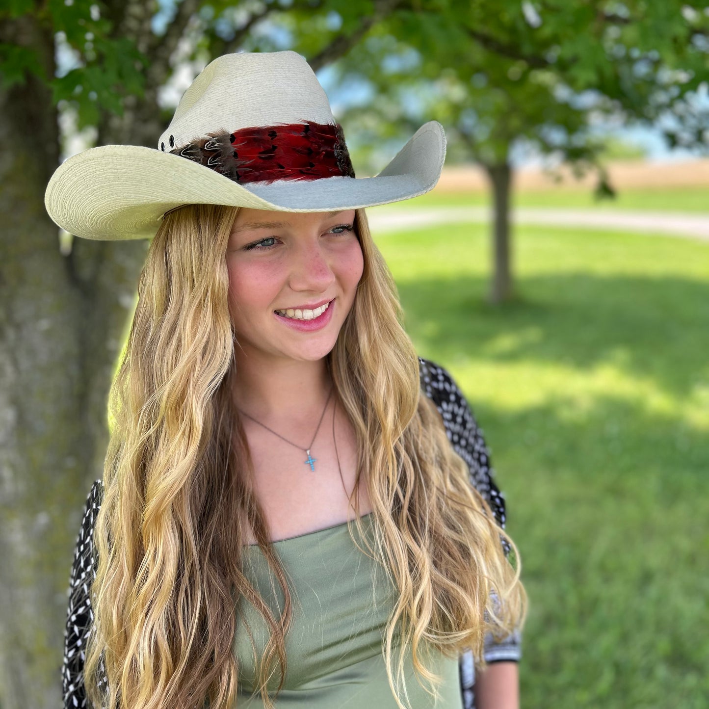 Natural Dark Heart, Blue Almond, and Almond Pheasant Feather Hat Band