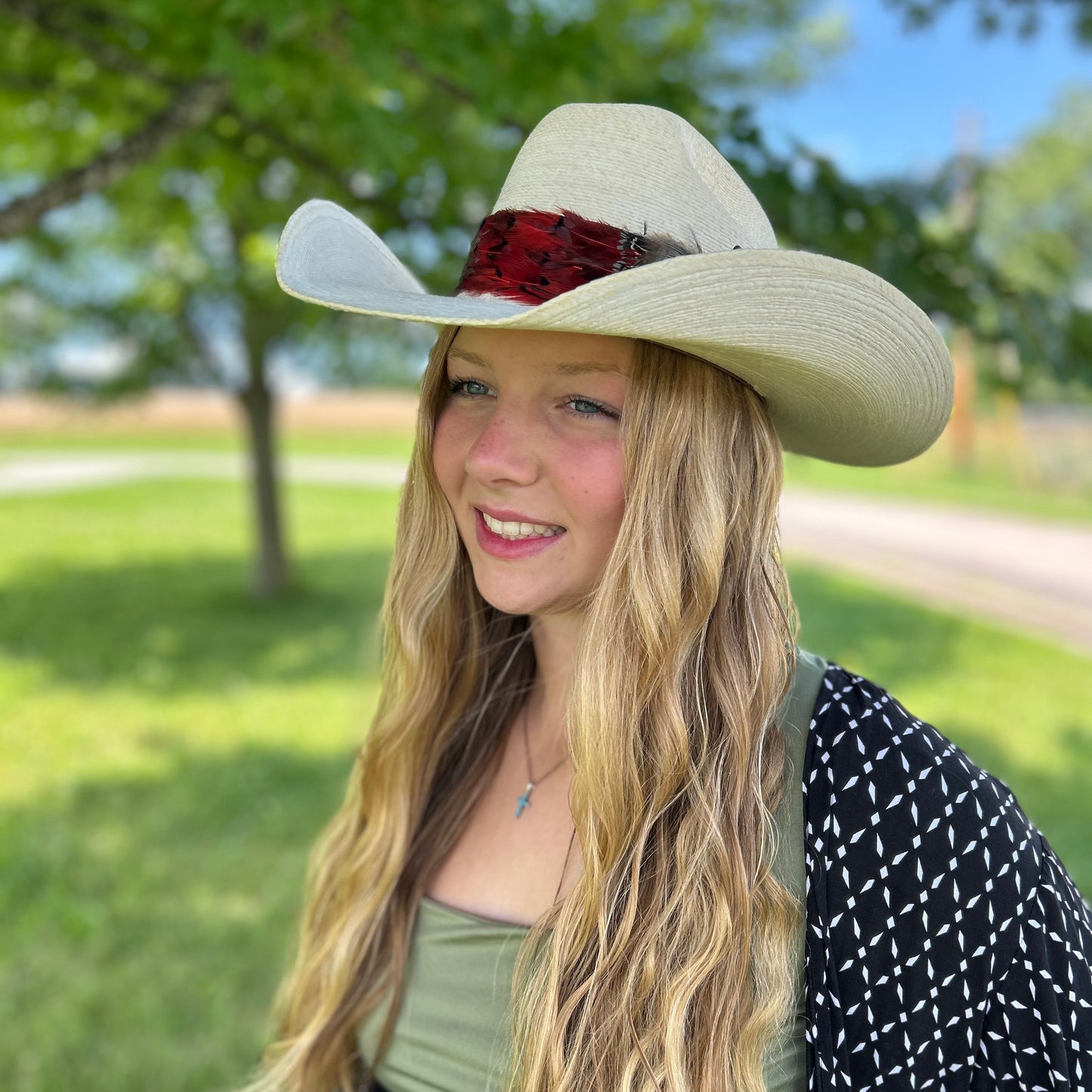 Natural Dark Heart, Blue Almond, and Almond Pheasant Feather Hat Band