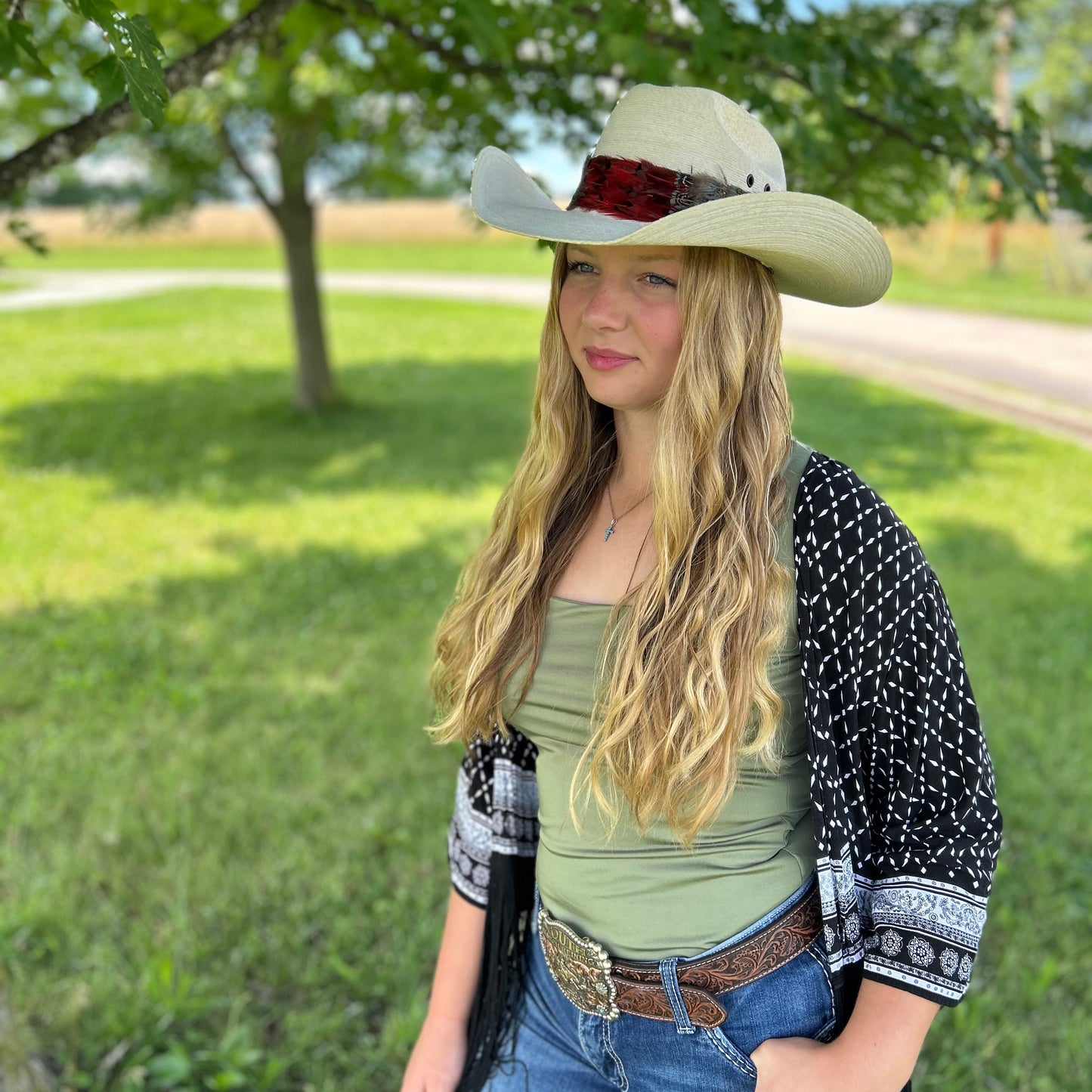 Natural Dark Heart, Blue Almond, and Almond Pheasant Feather Hat Band