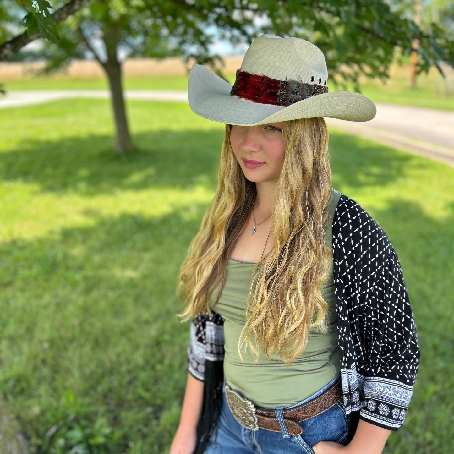 Natural Dark Heart, Blue Almond, and Almond Pheasant Feather Hat Band