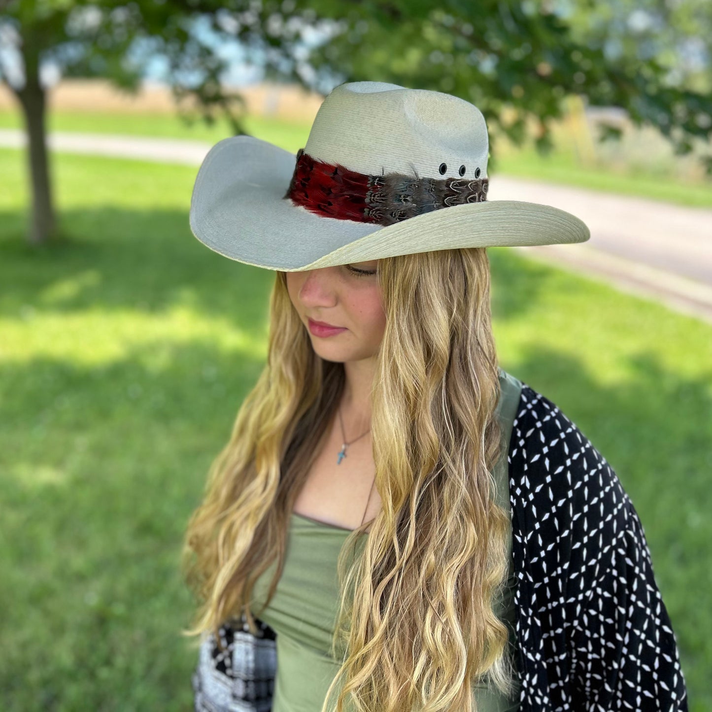 Natural Dark Heart, Blue Almond, and Almond Pheasant Feather Hat Band