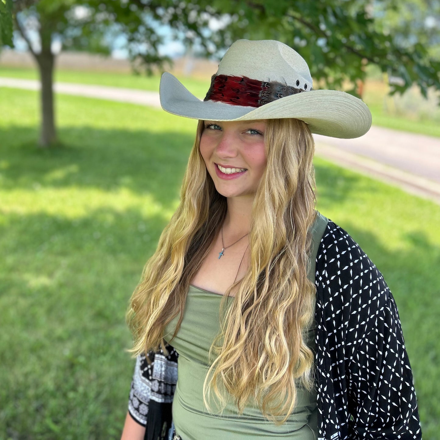 Natural Dark Heart, Blue Almond, and Almond Pheasant Feather Hat Band