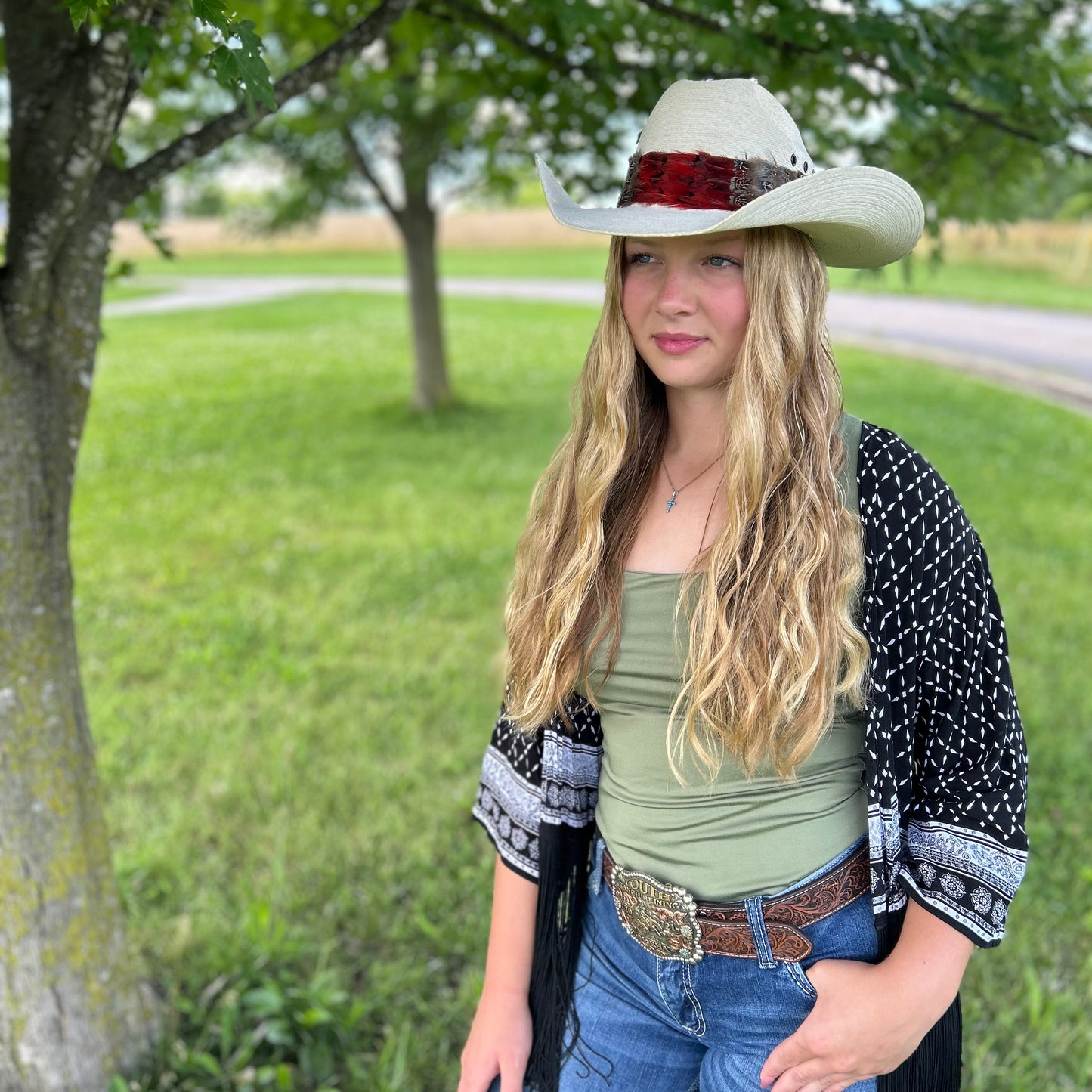 Natural Dark Heart, Blue Almond, and Almond Pheasant Feather Hat Band