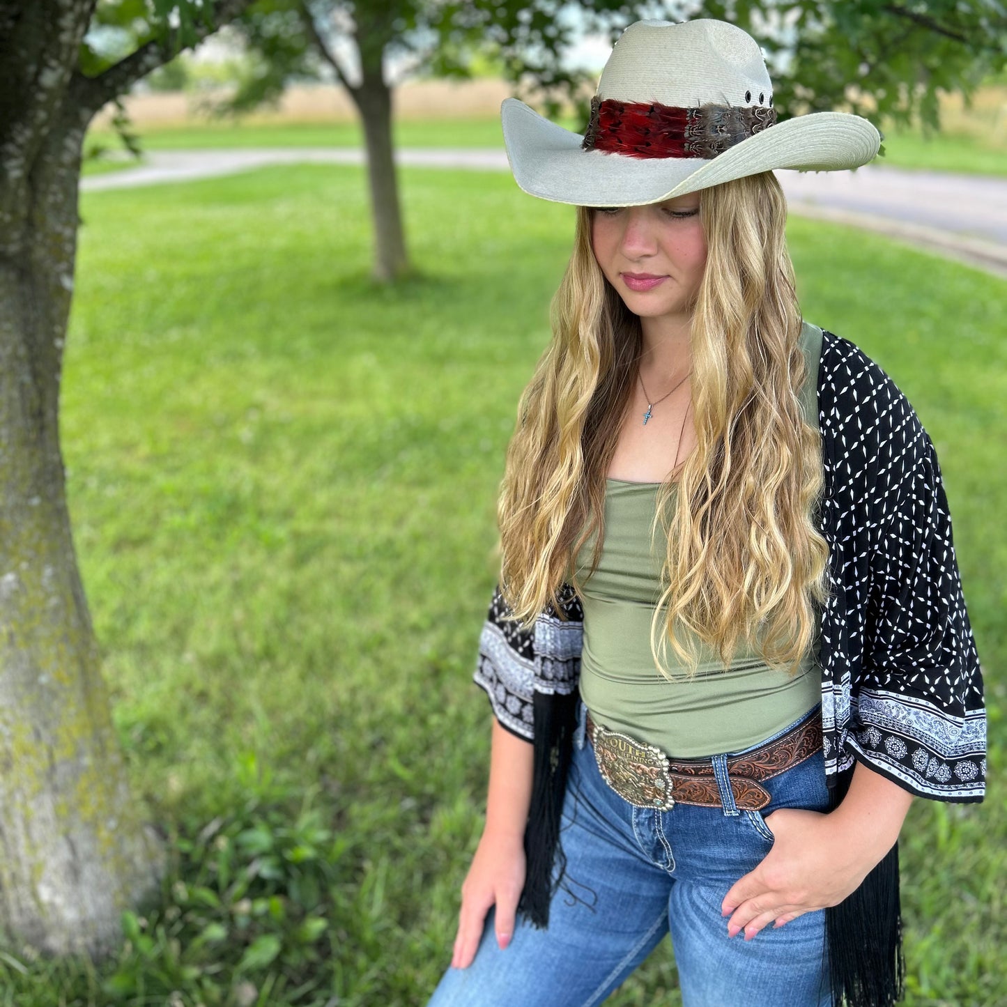 Natural Dark Heart, Blue Almond, and Almond Pheasant Feather Hat Band