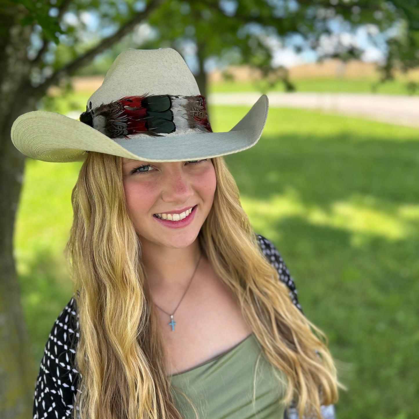 Natural Bronze Lady Amherst, Dark Heart and Blue Almond Pheasant Feather Hat Band
