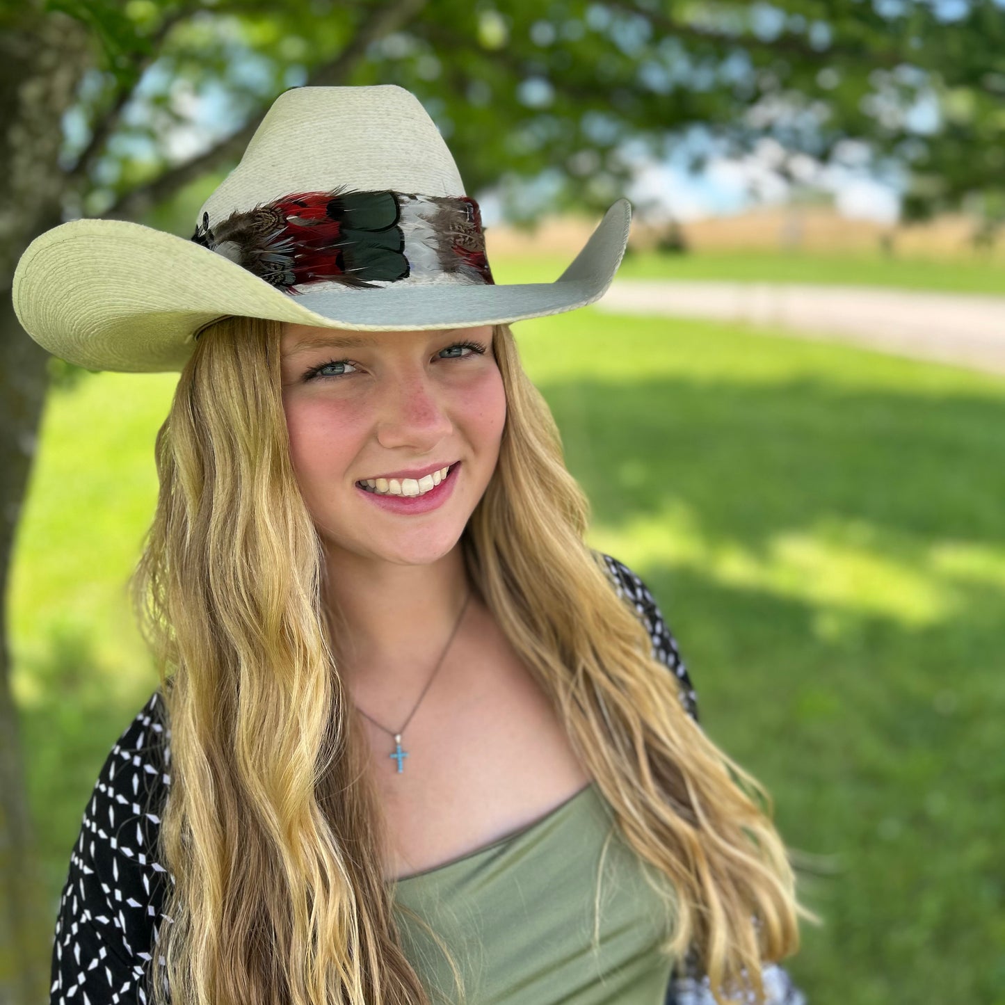 Natural Bronze Lady Amherst, Dark Heart and Blue Almond Pheasant Feather Hat Band