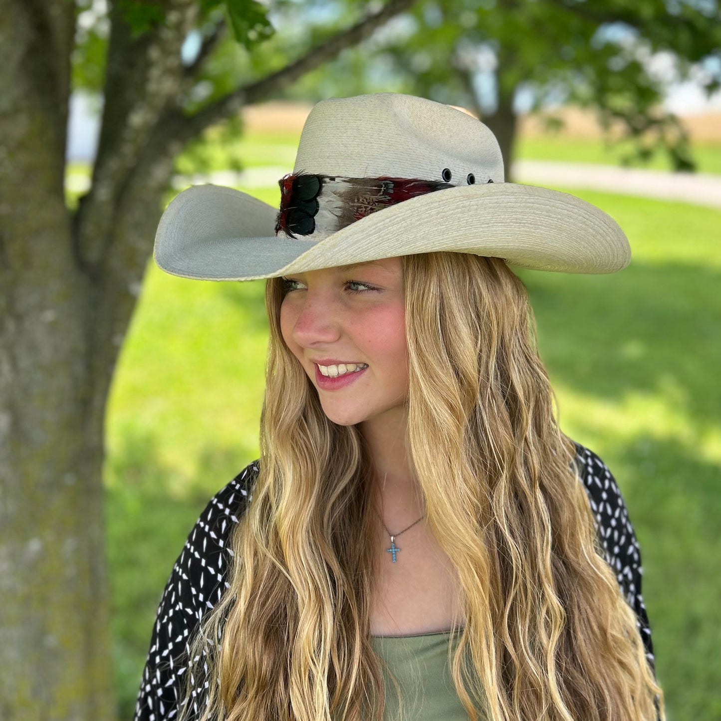 Natural Bronze Lady Amherst, Dark Heart and Blue Almond Pheasant Feather Hat Band