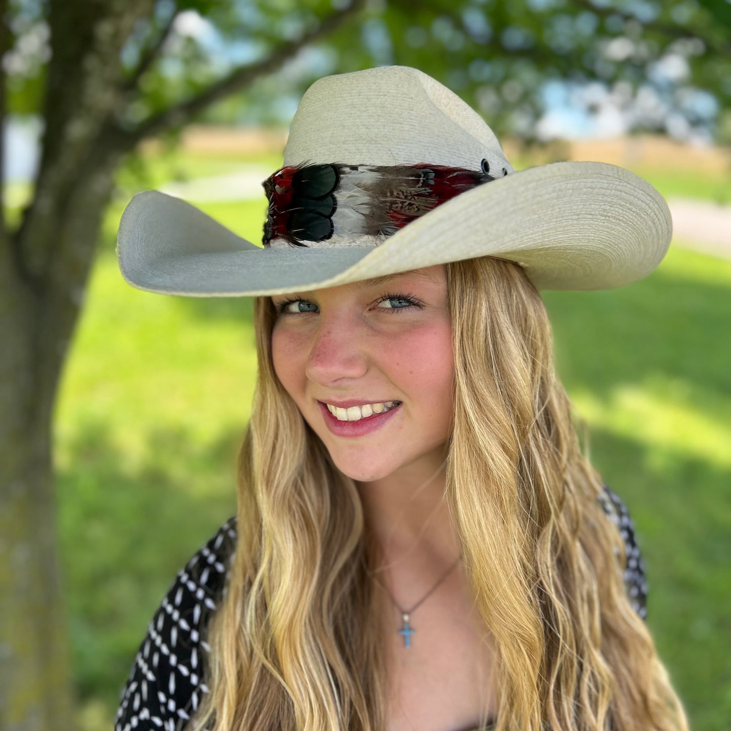 Natural Bronze Lady Amherst, Dark Heart and Blue Almond Pheasant Feather Hat Band