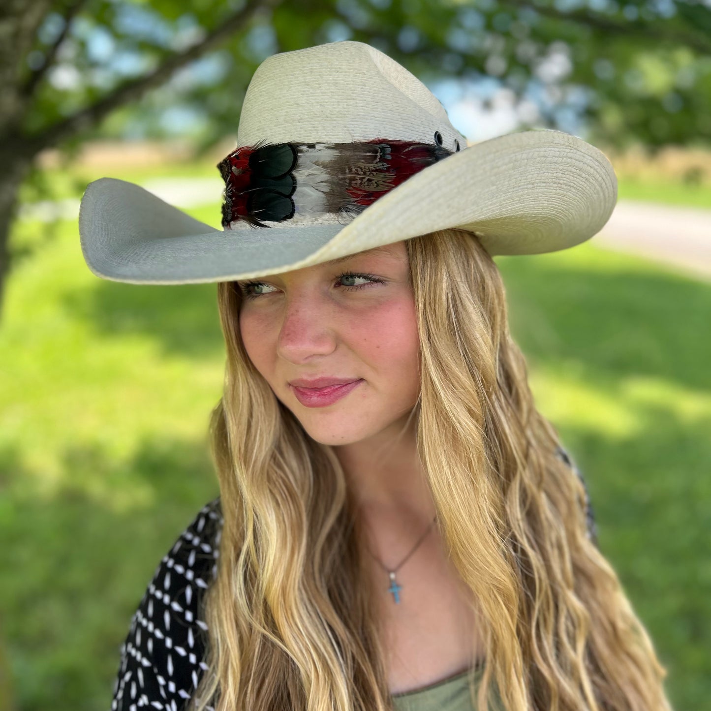 Natural Bronze Lady Amherst, Dark Heart and Blue Almond Pheasant Feather Hat Band