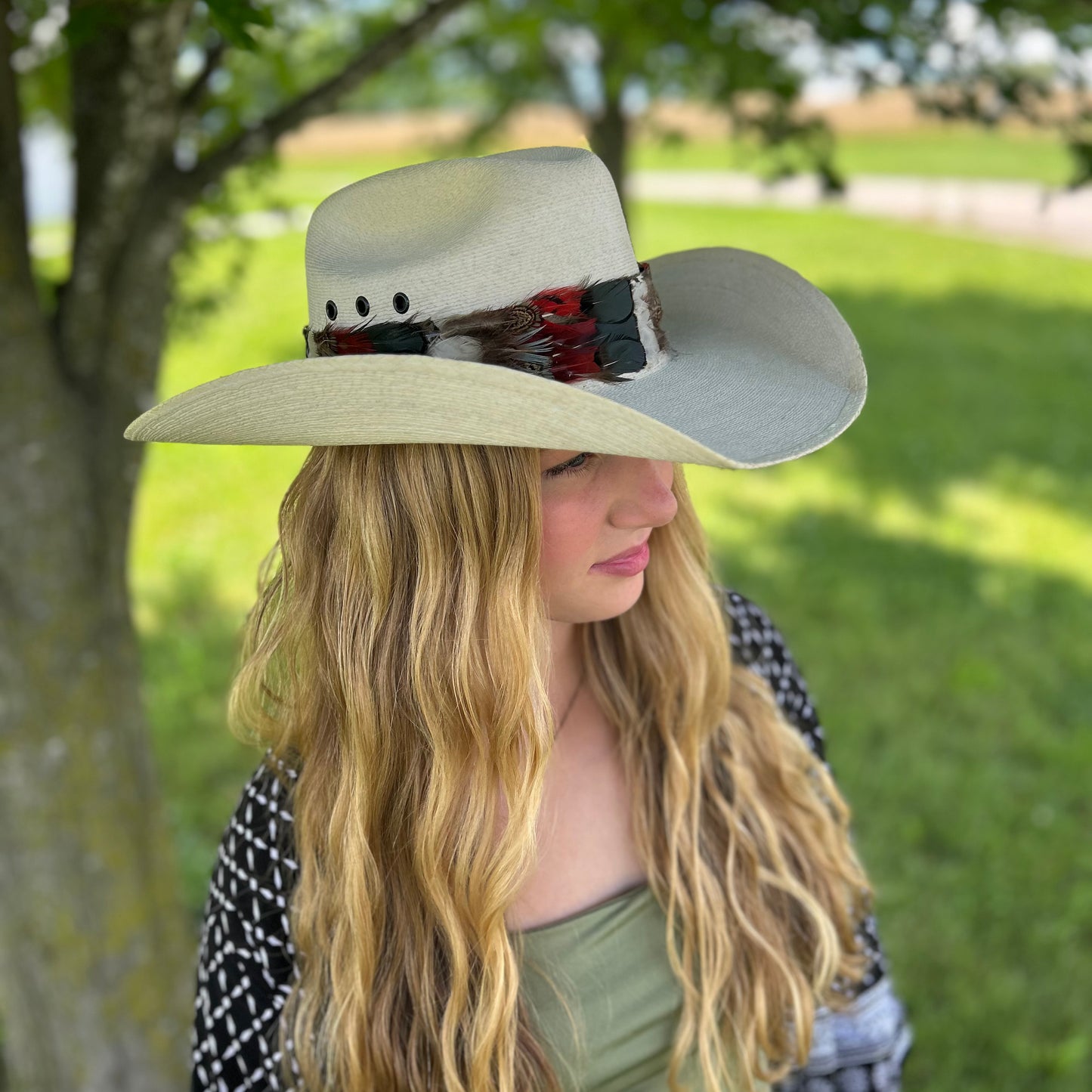 Natural Bronze Lady Amherst, Dark Heart and Blue Almond Pheasant Feather Hat Band