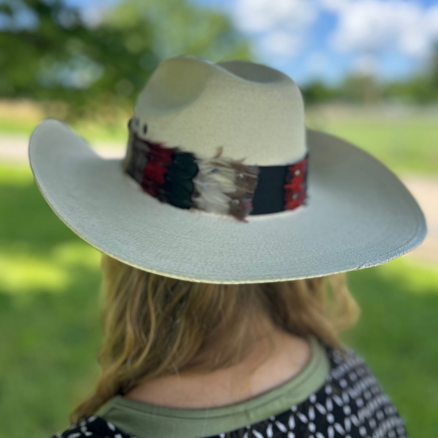 Natural Bronze Lady Amherst, Dark Heart and Blue Almond Pheasant Feather Hat Band
