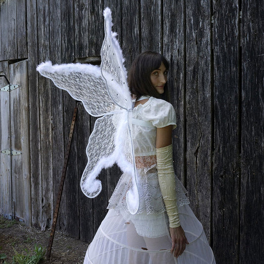 Adult White Angel Costume Wings - Large Fairy Butterfly Lace and Feather Wings Sexy Halloween or Cosplay Accessories