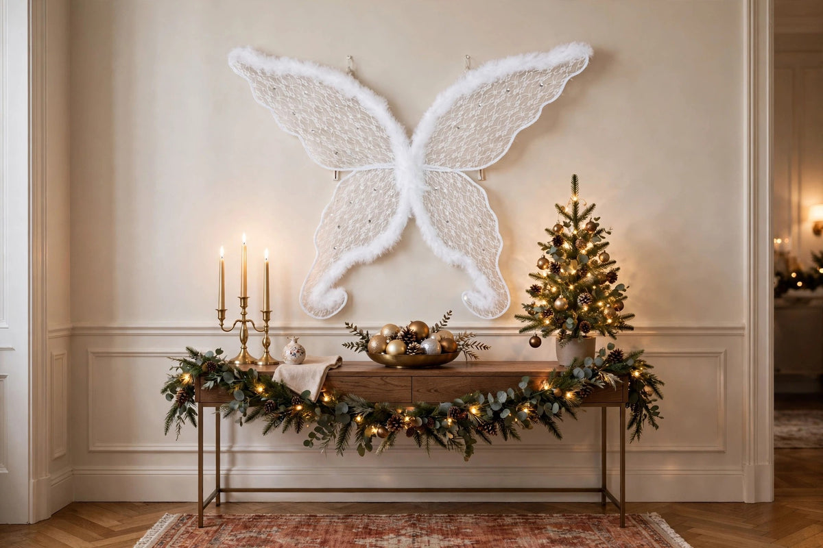 Adult White Angel Costume Wings - Large Fairy Butterfly Lace and Feather Wings, Sexy Halloween or Cosplay Accessories hung on a wall in a holiday-decorated room