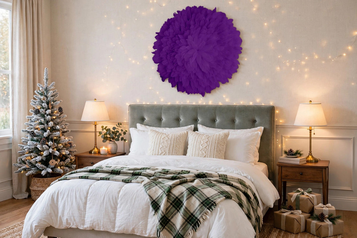 African JuJu Hat Feather Wall Art and Decor - Fluorescent Lavender hung on a wall in a holiday-decorated room