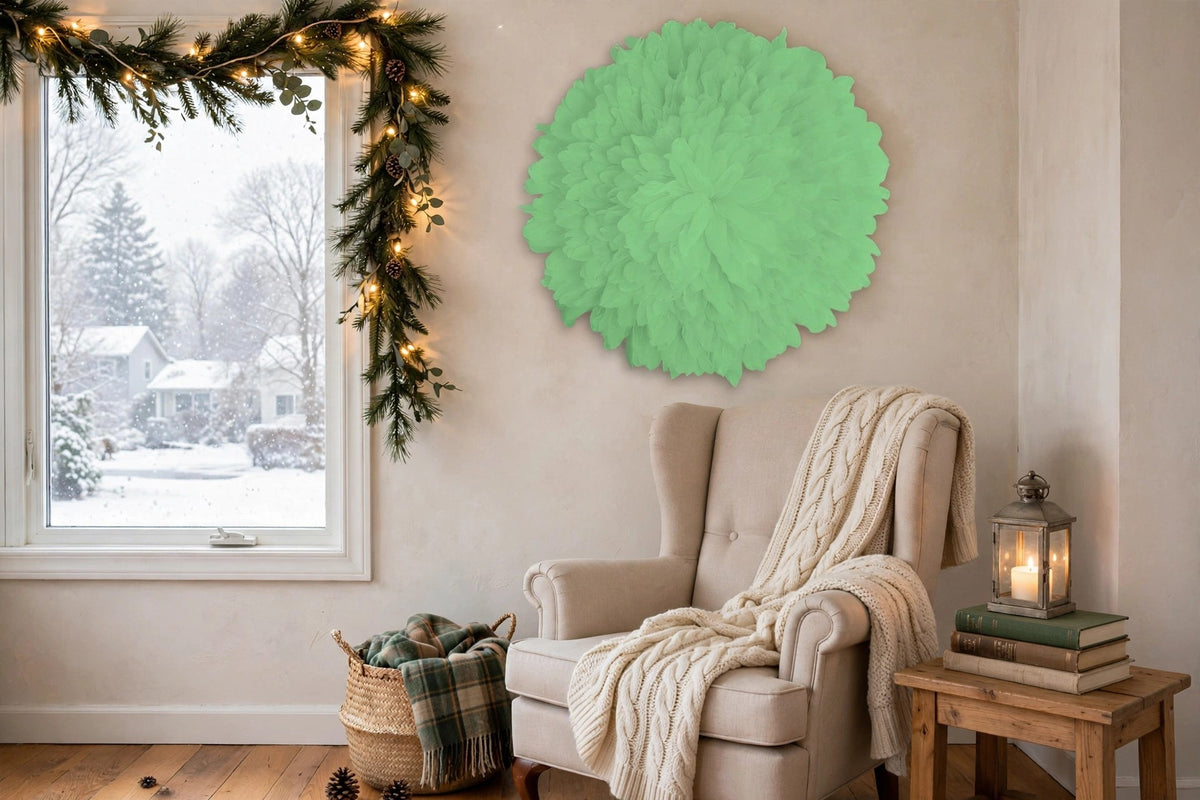 African JuJu Hat Feather Wall Art and Decor - Large - Apple hung on a wall in a holiday-decorated room