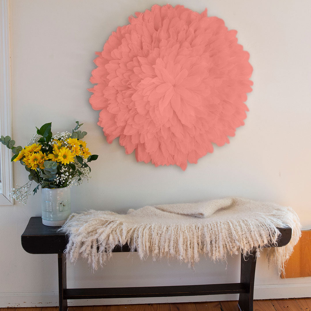 African JuJu Hat Feather Wall Art and Decor - Large - Apricot Blush - Feathers