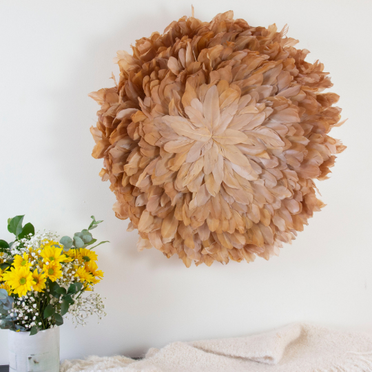 African JuJu Hat Feather Wall Art and Decor - Large - Apricot Blush - Feathers