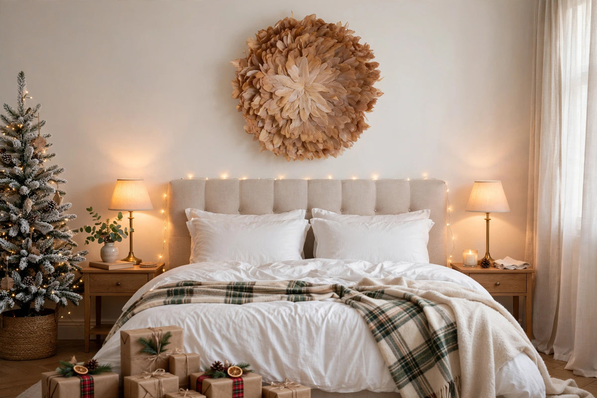 African JuJu Hat Feather Wall Art and Decor - Large - Beige hung on a wall in a holiday-decorated room