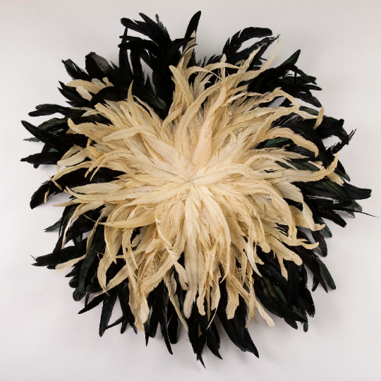 African JuJu Hat Feather Wall Art and Decor - Large - Black-Beige - Feathers