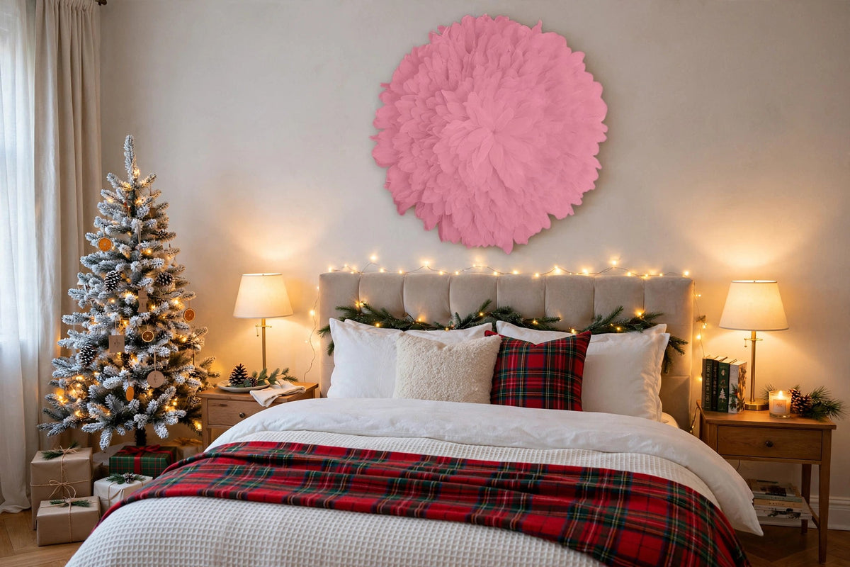 African JuJu Hat Feather Wall Art and Decor - Large - Candy Pink hung on a wall in a holiday-decorated room