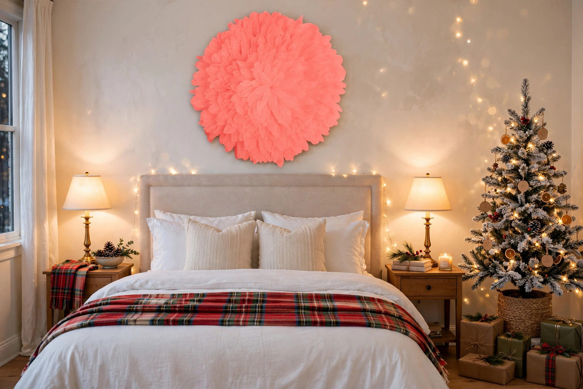 African JuJu Hat Feather Wall Art and Decor - Large - Coral hung on a wall in a holiday-decorated room