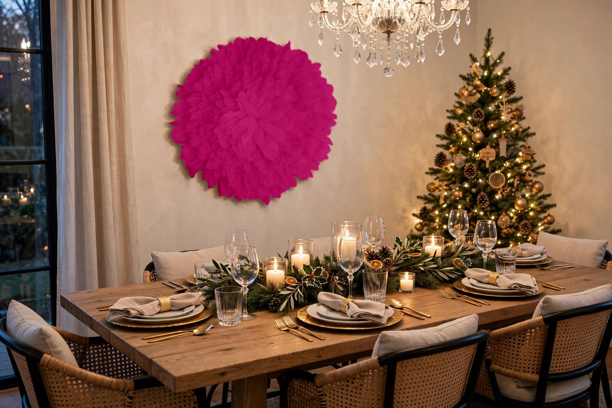 African JuJu Hat Feather Wall Art and Decor - Large - Fluorescent Fuchsia hung on a wall in a holiday-decorated room