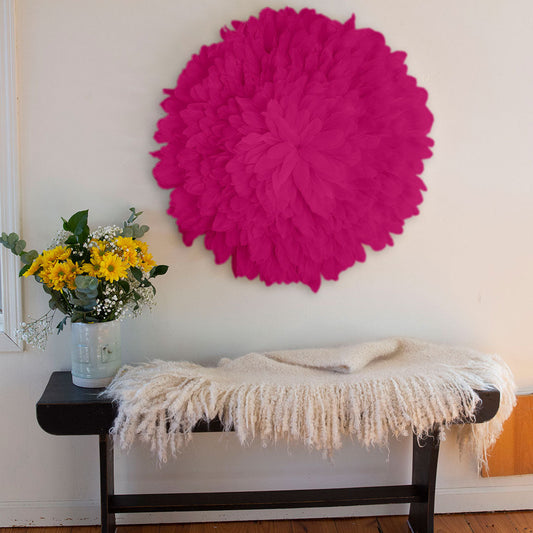 African JuJu Hat Feather Wall Art and Decor - Large - Fluorescent Fuchsia - Feathers